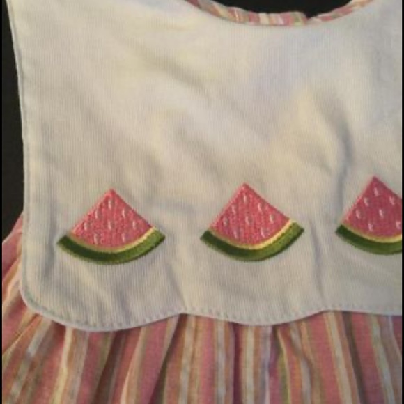 Vintage Baby crew Baby Girl summer dress, 18M, Watermelon embroidered striped - Picture 3 of 7